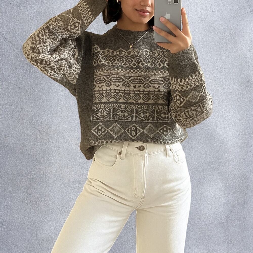 Alexander Wang 2010s Fair Isle Wool Sweater Gray Nordic Knit Small